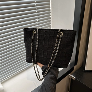 Women's Fashion Textured Canvas Tote Bag With Chain Strap Large Capacity Shoulder Bag For Commuting Daily Use Handbag