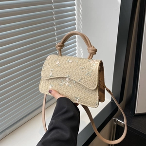 Women Embroidered Woven Shoulder Bag Straw Floral Knot Handle Small Square Crossbody Bag Fashion Pastoral Style Handbag
