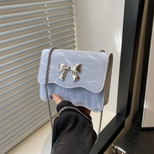 Women Elegant PU Leather Marbled Texture Shoulder Bag Fashion Bow Knot Chain Crossbody Bag Mini Square Flap Purse For Daily Party