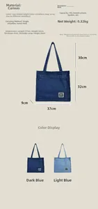 Detailed size specifications and color options for the denim canvas tote bag