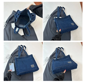 Four views of a navy denim tote bag showing large capacity, interior pocket, and stitching