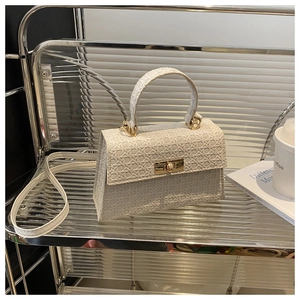 Close-up of beige woven texture handbag with golden metal lock and elegant strap