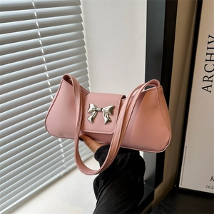 Women PU Leather Baguette Shoulder Bag Retro Underarm Handbag With Metal Bow Decor Elegant Commuter Solid Color Crossbody Bag