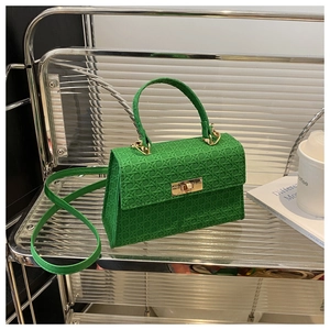 Detailed macro shot of green woven texture leather handbag with gold square buckle