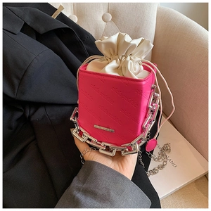 Detailed macro of a fuchsia bucket bag with rich rabbit embossed text and chain decor