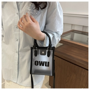 Détail du sac cabas givré transparent avec garniture en cuir noir et bouton pression