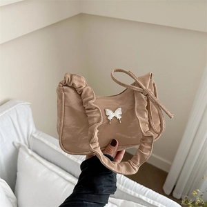 Women PU Leather Shoulder Bag With Metal Butterfly Buckle Ruffled Strap Sweet Y2K Underarm Baguette Bag For Daily Party
