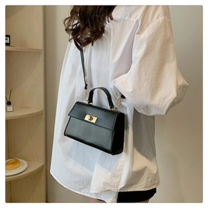 Classic black crossbody bag with gold metal twist lock shown in a lifestyle indoor setting