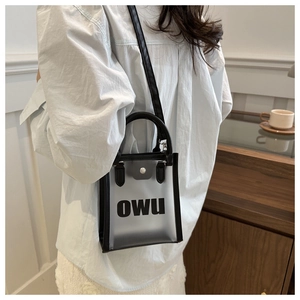 Vue latérale détaillée du sac bandoulière givré translucide avec bords en cuir noir