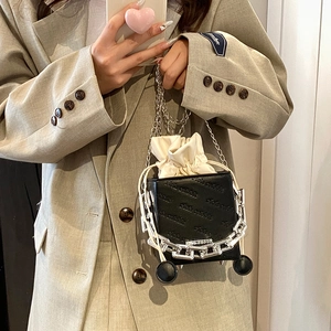 Chic black leather bucket bag with silver chain and rich rabbit embossed texture