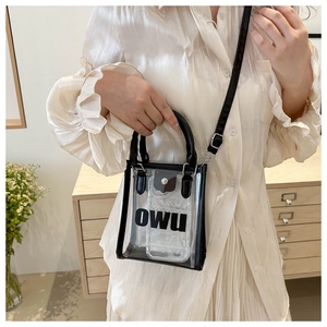 Détail du mini sac transparent en PVC avec bordure en cuir noir et bandoulière réglable