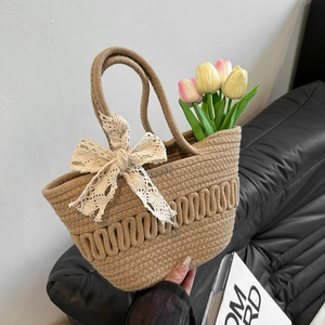Sac à Main en Paille Tissé Bohême pour Femme Avec Décoration de Nœud en Dentelle Sac Seau Mode Vacances Été