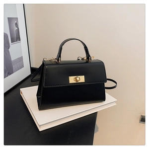 Detail of minimalist black crossbody bag with gold metallic swivel lock and top handle