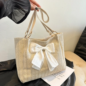 Sac Fourre-tout Tissé en Paille avec Nœud de Grande Capacité Sac à Épaule Décontracté pour Vacances d'Été pour Femmes Sac à Main Tissé à la Mode
