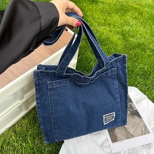 Women Large Capacity Canvas Tote Bag Casual Denim Style Shoulder Bag With Letter Patch Fashion Street Trend Handbag