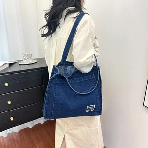 Large capacity dark blue denim tote bag for women with stylish letter patch and double handles