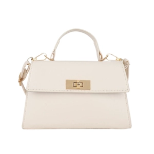 Minimalist beige trapezoid crossbody bag with gold metal clasp and leather texture