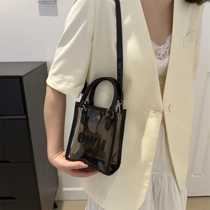 Sac à main chic en PVC noir semi-transparent avec imprimé OWU et bandoulière amovible