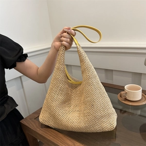 Sac Cabas en Paille Tissée d'Été pour Femmes Mode Grande Capacité Sac à Épaule de Plage Avec Pochette Intérieure Décontracté
