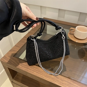 Women Full Sparkly Rhinestone Shoulder Bag Fashion Underarm Baguette Bag With Silver Chain Link For Party Evening Wedding