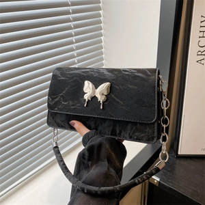 Women Fashion Butterfly Element Shoulder Bag 2024 New Spring Summer Crinkled PU Leather Chain Handbag Large Capacity Crossbody Small Square Bag