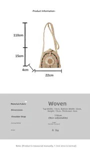 Détail du sac coquille en paille tissée avec fleur de tournesol et dimensions précises