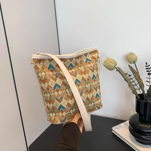 Sac Seau à Motif de Losanges Géométriques de Style Bohème pour Femmes Sac à Bandoulière Ethnique Rétro avec Garniture en PU