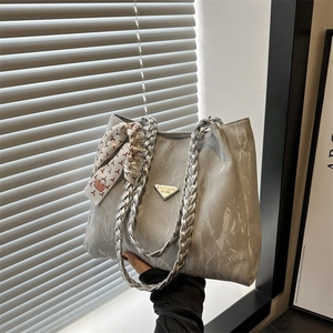 Women Fashion Crinkled PU Leather Tote Bag With Braided Handle Printed Silk Scarf Elegant Casual Large Shoulder Bag