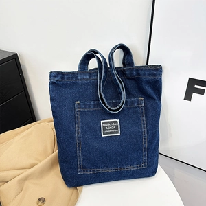 Vintage Denim Canvas Tote Bag For Women Casual Shoulder Bag Large Capacity Top Handle Purse With Front Pocket Stitching Detail