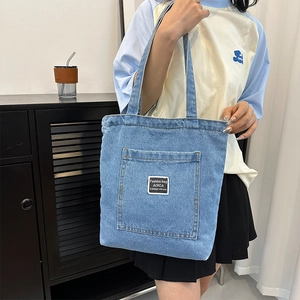 Retro light blue denim tote bag with large capacity and double handles for daily wear