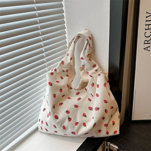 Women Large Capacity Canvas Tote Bag Strawberry Print Shoulder Bag Casual Shopping Handbag For Daily Commute School Use