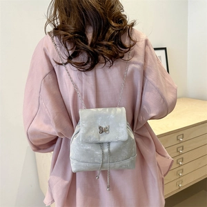 Silbergrauer Samt-Mini-Rucksack mit Schmetterlingsdekor und silbernen Kettenriemen
