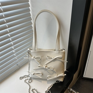 Fashion Women Bow Square Bag Casual PU Leather Shoulder Crossbody Bag With Metal Ball Chain Streetwear Style Handbag Sweet Purse