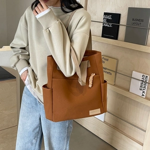 Japanese style brown canvas tote bag for women, large capacity shoulder bag for daily use