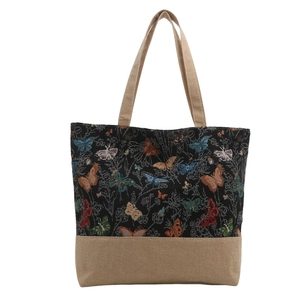 Large capacity tote bag with colorful butterfly jacquard pattern and linen stitching