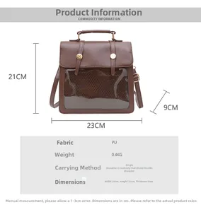 Detaillierte Maße der braunen PU-Ledertasche mit 23 cm Breite und Klarsichtfenster
