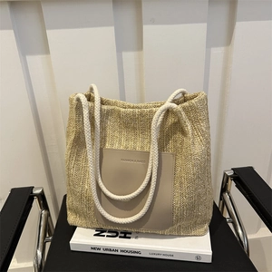 Women's Large Capacity Woven Tote Bag Summer Straw Shoulder Bag Simple Beach Bag With Leather Patch And Rope Handle