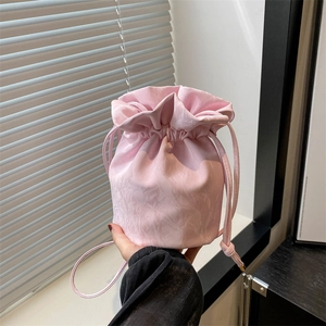 Women Fashion Wrinkled Drawstring Bucket Bag Satin Texture Canvas Shoulder Bag Lightweight Casual Crossbody Bag Daily Use