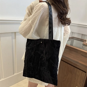 New Chinese style black large tote bag with velvet texture and golden rivet detail