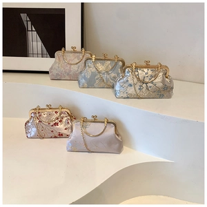 Selection of vintage embroidered crossbody bags with metallic ring handles and gold chains