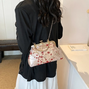 Elegant beige floral embroidery frame bag with golden handle and chain strap for women