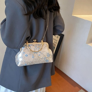 Vintage embroidery floral handbag with golden ring handle and chain shoulder strap