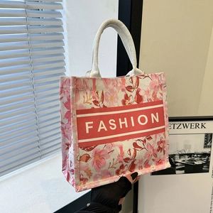 Women Fashion Canvas Floral Printed Tote Bag Casual Large Capacity Handbag With Letter Decor Street Style Shoulder Shopping Bag