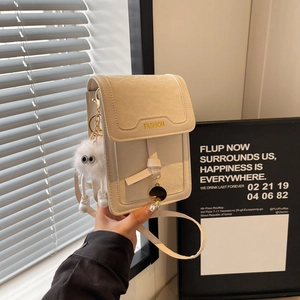 Women PU Leather Crinkled Small Square Crossbody Bag Fashion Flip Phone Bag With Plush Charm Street Trend Shoulder Bag
