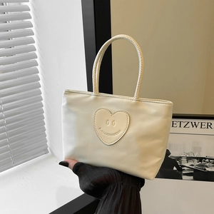 Women Canvas Mini Tote Bag Casual Handbag Heart Smile Patch Top Handle Bag For Shopping Street Style Daily Accessories