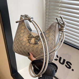 Women Fashion Woven Crescent Shoulder Bag With Metallic Bowknot PU Leather Underarm Crossbody Bag For Daily Street Style Wear