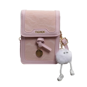 Pink wave pattern PU leather shoulder bag with gold logo and white fluffy charm pendant