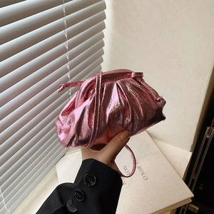 Women Fashion Metallic Pleated Pouch Bag French Niche Mini Cloud Bag Ruched Shoulder Crossbody Bag Shell Shaped Handbag