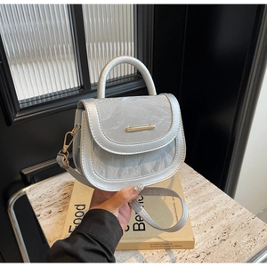 Close-up of metallic silver saddle bag with pleated texture and golden buckle on a book