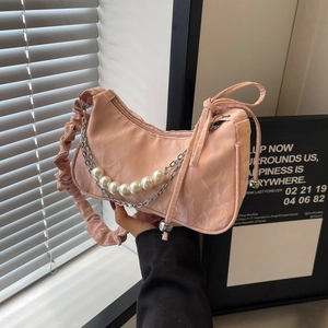 Sac À Épaule Croissant Femme Cuir PU Plissé Décoration Künstliche Perles Chaîne Métal Bandoulière Plissée Sac À Main Élégant